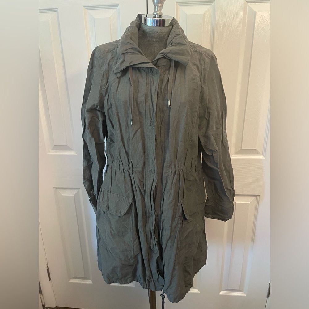 Eileen Fisher Gray/Green Funnel Neck Rumpled Cinch Waist Trench Coat Size Medium